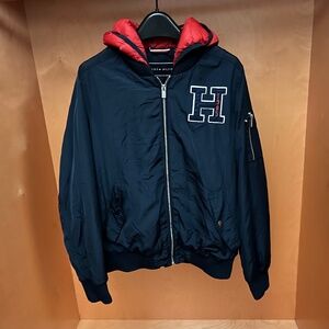 Tommy Hilfiger Navy Bomber Jacket – Red Hood & Felt logo – Size M